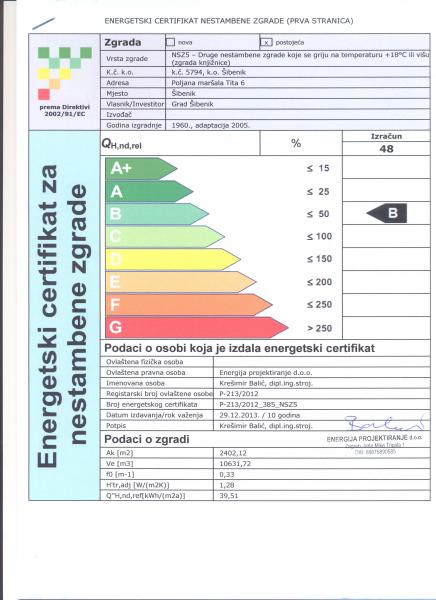   Zgrada Gradske knjižnice „Juraj Šižgorić“ dobila energetski certifikat