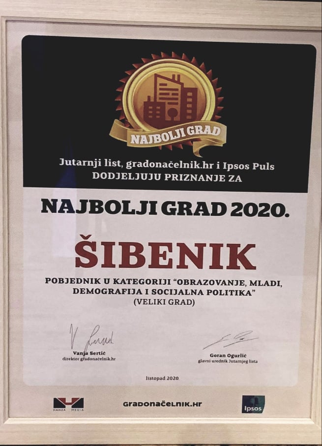 Grad Šibenik proglašen najboljim gradom u kategoriji obrazovanje i demografska politika