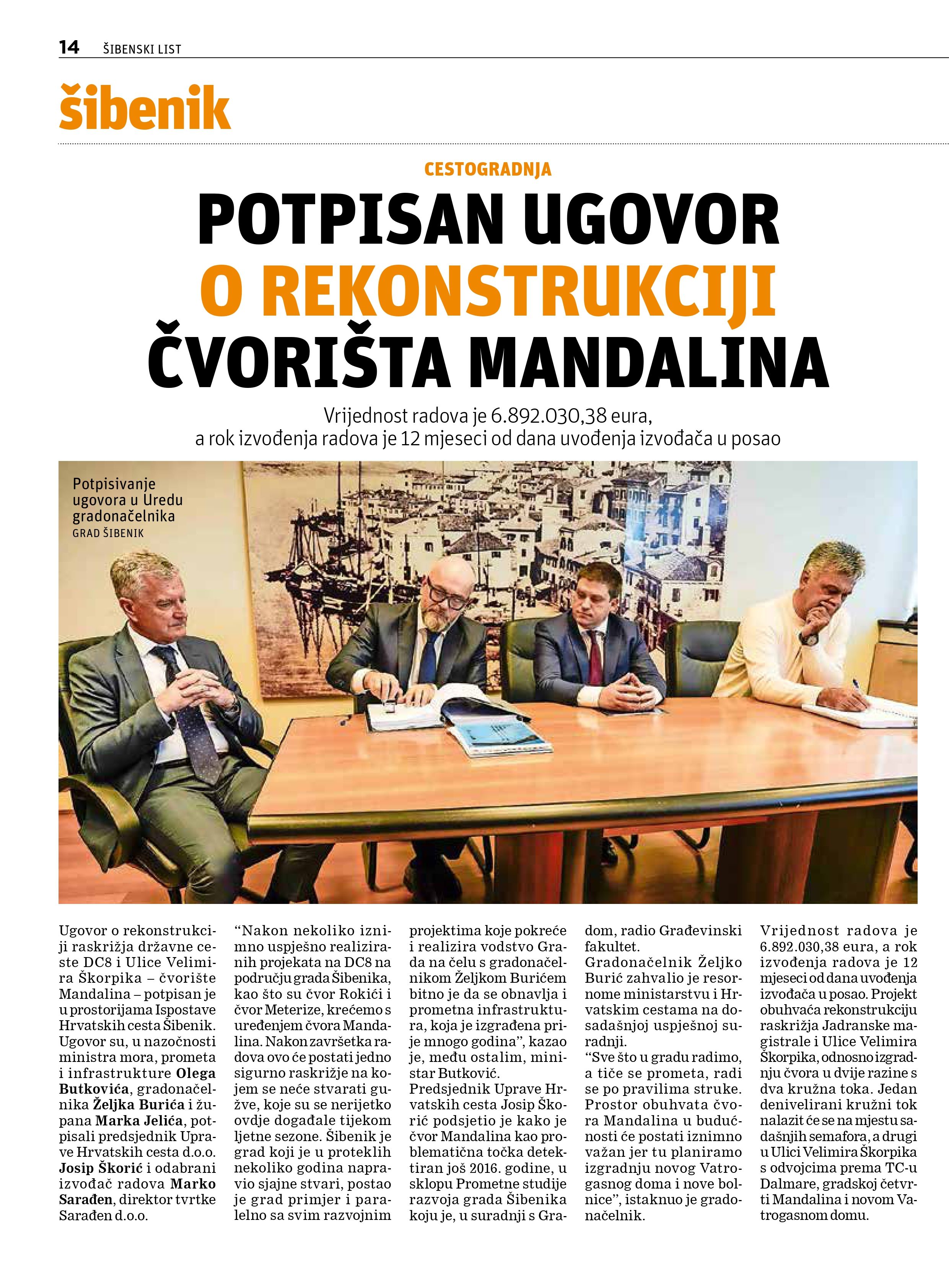 Potpisan ugovor o rekonstrukciji čvorišta Mandalina